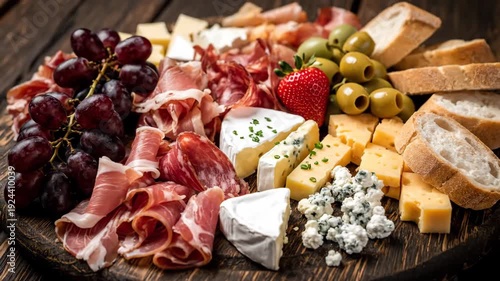 A detailed and delicious charcuterie board featuring grapes, cheese, and meats. Olives, strawberries, and bread complete the delicious assortment