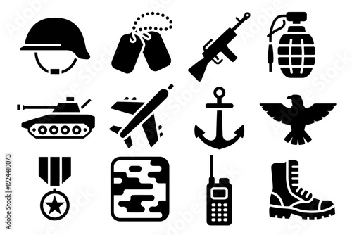 military icons set including helmet, dog tags, rifle, grenade, tank, jet, anchor, eagle, medal, camouflage, radio, and boots, representing service, sacrifice, and high rank titles.