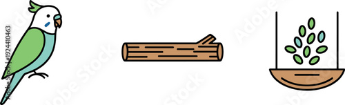 Cute cartoon parrot with log and bird feeder, simple flat illustration for pet care and avian themes