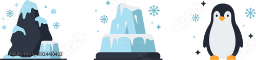 Cute cartoon penguin and icy landscapes with snowflakes and stars