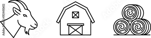 Simple line art icons of a goat, barn, and hay bales on a white background