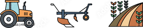 Agricultural icons: tractor, plow, and cultivated field with crops