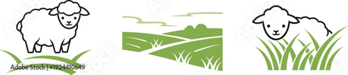 Cute sheep and rolling green hills, simple farm icons for agriculture and nature themes