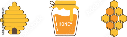 Collection of stylized honeybee hive, jar, and honeycomb icons in yellow and brown