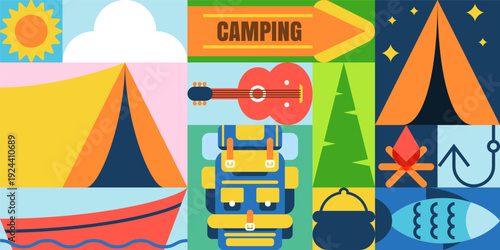 Summer camping banner poster background with tent, backpack, campfire. Vector design for outdoor travel and vacation