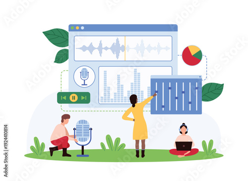 Creative team working with audio recording, sound editing, and mixing tools, showing music production and podcast creation on an isolated white background vector illustration