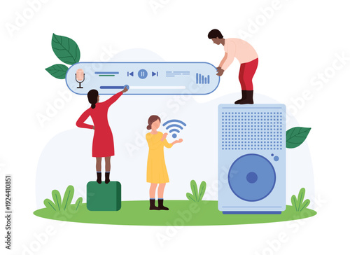Creative concept showing tiny people using a big sound speaker and audio controls for music, podcast, or wireless technology on an isolated white background vector illustration