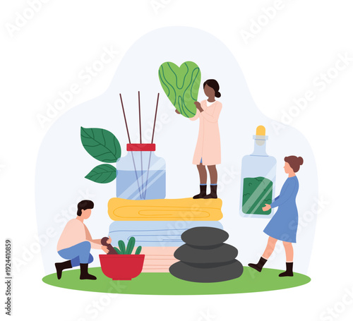 Miniature people arranging spa items, towels, stones, plants, and essential oils for wellness, relaxation, and self-care on an isolated white background vector illustration
