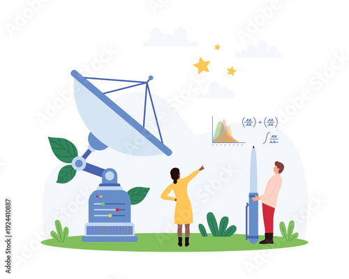 Scientists with giant satellite dish, pen, and mathematical graphs studying astronomy, teamwork, and data analysis on isolated white background for education and research vector illustration