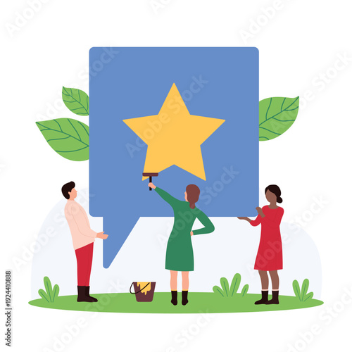 Team of tiny people painting a large yellow star inside a blue chat bubble symbolizing positive feedback and customer review on an isolated white background vector illustration