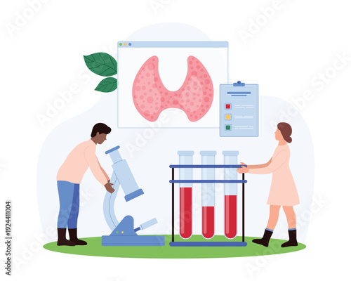 Medical researchers examining thyroid gland function with blood test samples, microscope, and lab report on isolated white background for healthcare and diagnosis concepts vector illustration