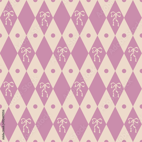 Diamond lattice pattern with ribbon bow. Beige pink retro colors. Argyle inspired Seamless geometric rhombus bows texture. Great for wallpaper gift packaging cover wrapping textile print scrapbook