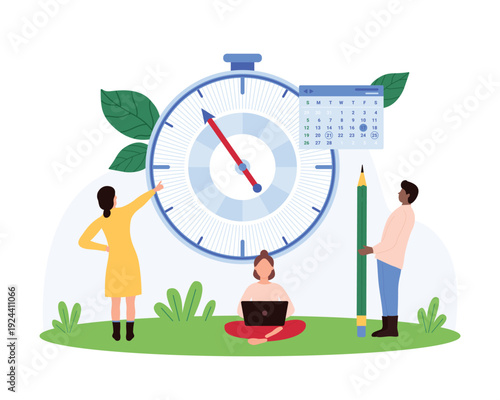 Teamwork and productivity symbolized by tiny people organizing schedule with clock, calendar, and pencil on isolated white background for business and education vector illustration