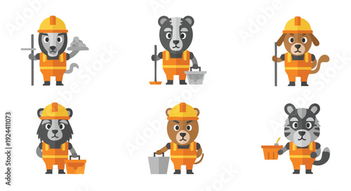 Cute Cartoon Animal Workers Set. Flat Vector Illustration of Construction Crew and Service Professionals with Hard Hats and Tools.