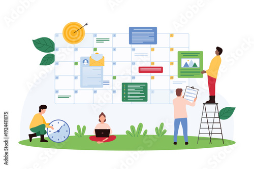 Teamwork and productivity with tiny people organizing schedules, tasks, and deadlines on a large planner calendar, perfect for time management and workflow, isolated vector illustration