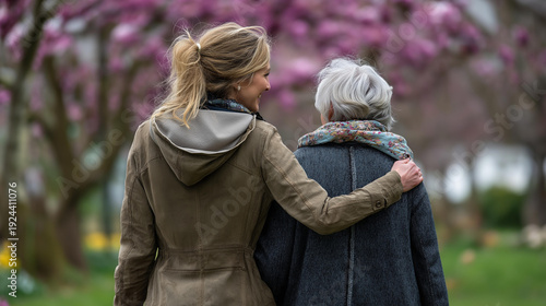 Faceless young woman strolling with an elderly person through a spring park, soft natural lighting, defocused blooming background, outdoor senior care, intergenerational walk,