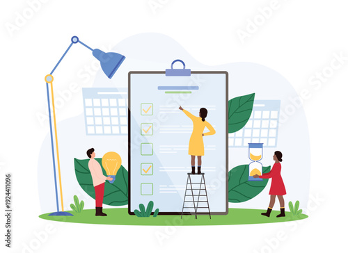 Teamwork and productivity concept with tiny people managing checklist, calendar, and time on a large clipboard, perfect for planning, organization, and time management themes isolated vector
