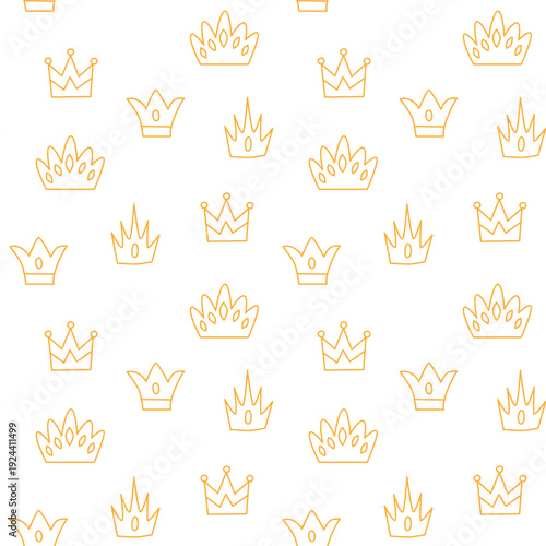 Playful crown outline seamless texture. Royalty symbol pattern. Golden crowns background. Ideal for kids design, accessories, baby products, party decor, textile print, planner, sticker, scrapbook