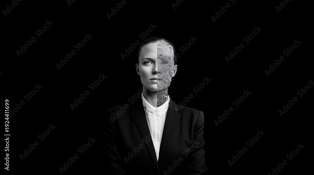 Fototapeta premium AGI and superintelligence concept with cyborg split face, AI alignment and future human machine evolution