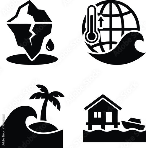 Climate change icons showing melting ice and rising sea levels