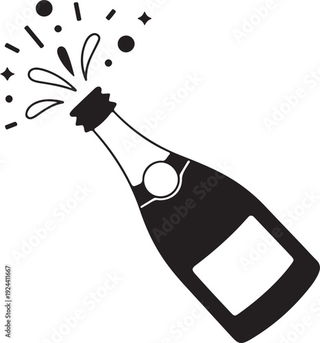 A black silhouette icon showing a champagne bottle popping with celebratory fizz and sparkles
