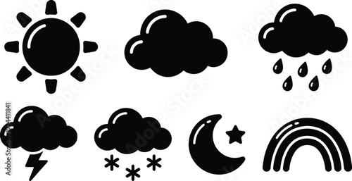 Kawaii weather icons set with cute faces for children