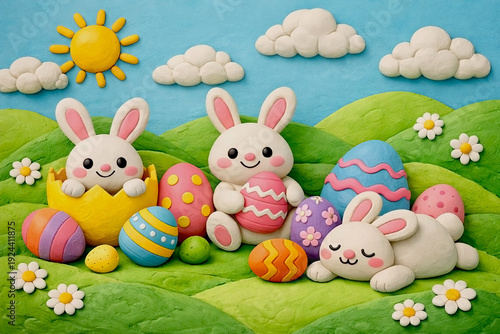 3D easter card bunny and easter eggs