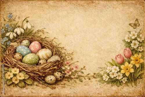 easter still life with eggs and flowers