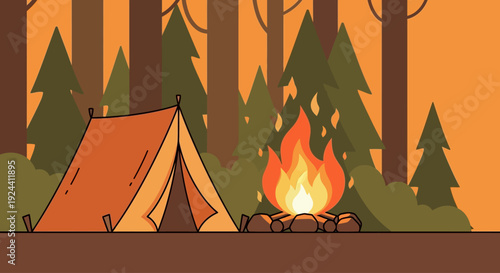 Cartoon camping scene with tent and campfire in forest