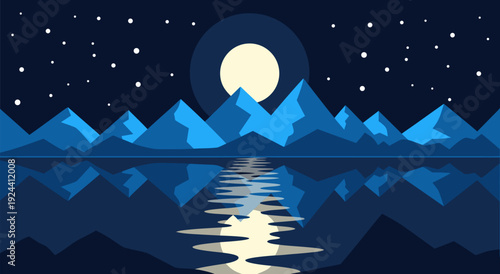 Vector Illustration of Serene Night Mountains with Moon Reflection over Calm Water – Digital Art Design