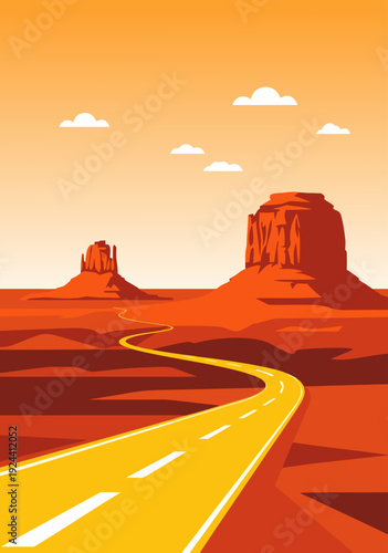 Vector Illustration of Winding Yellow Desert Road through Red Rock Formations under Sunset Sky
