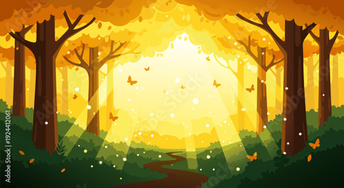 Serene Forest Landscape with Dirt Path at Sunset Vector Illustration