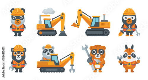 Cute Animal Construction Workers & Operators Vector Set with Hard Hats, Safety Vests & Excavators for Kids' Projects & Industrial Themes