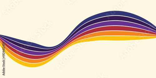 Abstract colorful 70s background vector. Vintage retro wallpaper with rainbow stripes and wavy lines. A 1970 color illustration suitable for posters, banners, decorative items and wall art.