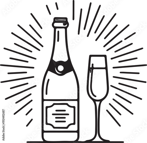 A celebratory line art illustration featuring a champagne bottle and a flute glass with radiating sunburst