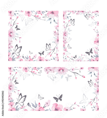 Frame with sakura flowers. Beautiful cherry blossom flower vector illustration. Hand drawn. Not AI,