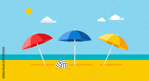 Summer vacation concept with beach umbrellas and volleyball on a sunny coast