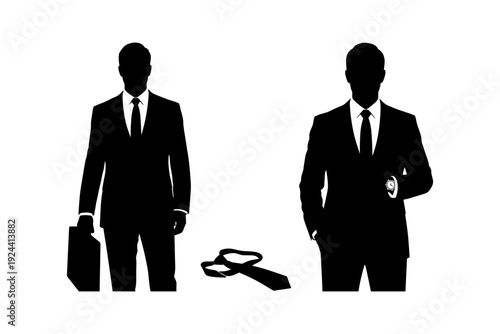 Two businessmen silhouettes, one holding a briefcase and the other checking his watch