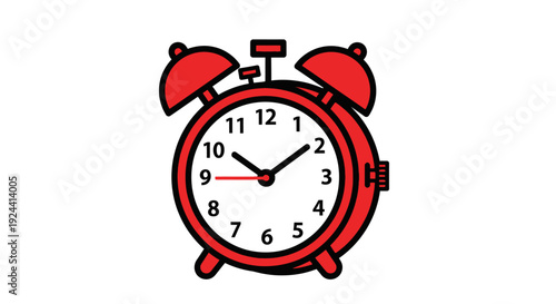 A classic red alarm clock illustration on a white background.