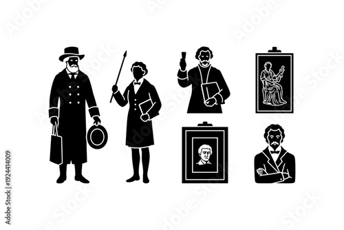 Collection of historical figures and artwork in a museum setting, vector silhouette