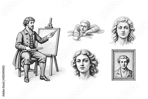Vintage artist painting a portrait, surrounded by classical sculptures and framed artwork