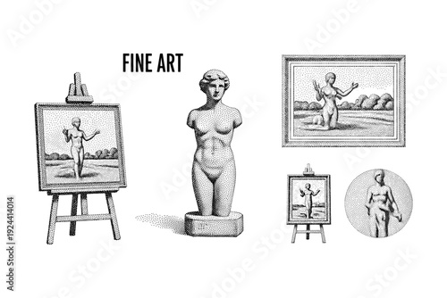 Fine art collection featuring classical sculpture and paintings in stippled illustration style