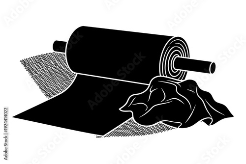 Black silhouette of a roll of fabric with a piece of mesh and crumpled cloth