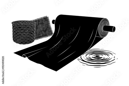 Black fabric roll, burlap swatch, woven basket, and water ripples illustration