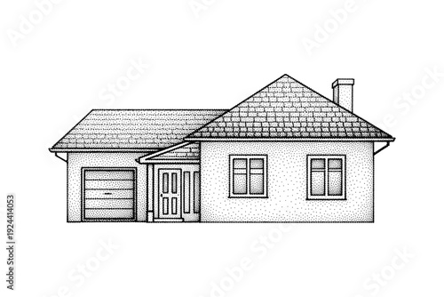 Stippled illustration of a detached house with a garage and chimney
