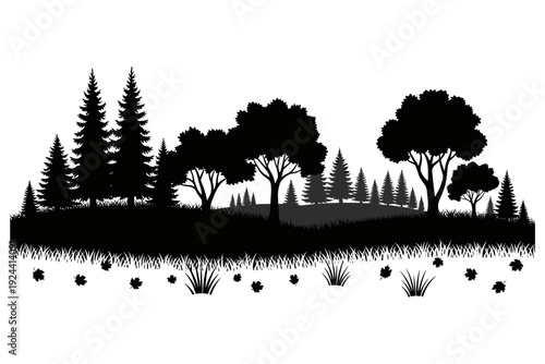 Diverse forest silhouette with deciduous and coniferous trees on rolling hills