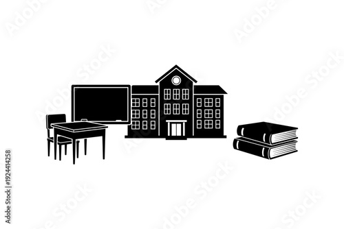 Simple illustration of a school building with a desk, chair, blackboard, and books