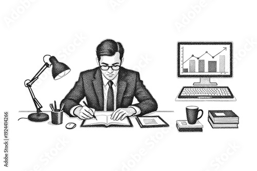 Businessman working at desk with computer displaying financial chart and taking notes
