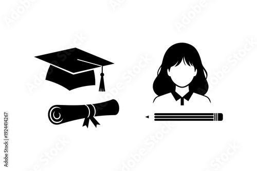 Graduation cap and diploma icon next to a student silhouette with a pencil
