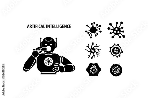 Robot with artificial intelligence text and abstract neural network icons